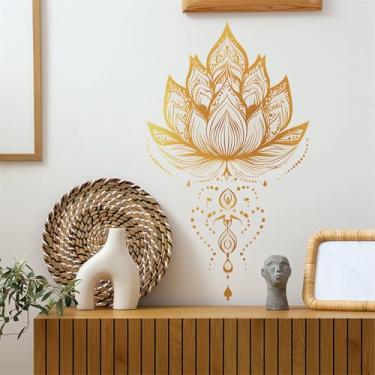 Imagem de sacinora Adesivos de parede de flor de lótus dourado sagrado, decalques de parede de arte floral mandala de Buda removível vinil destacável e cole sala de estar quarto sofá TV fundo decorações de casa