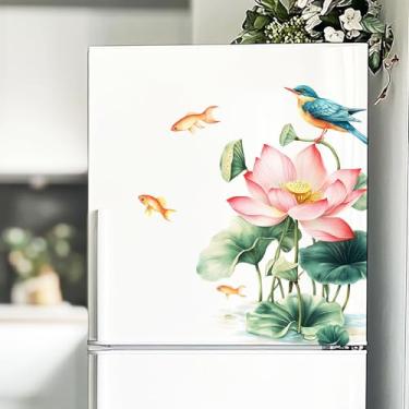 Imagem de AIEDE Decalque decorativo de janela flor de lótus com design de pássaro azul, adesivo de parede natureza rosa e verde decoração de casa adesivo de porta de armário
