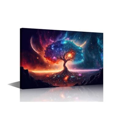 Imagem de Arte de parede de banheiro árvore colorida da vida na frente de uma galáxia pôsteres impressos em tela decoração de parede para sala de estar quarto linda árvore da vida arte pronta para pendurar 45,7