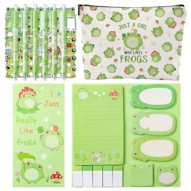 Imagem de Material escolar para meninas, conjunto de papelaria de sapo fofo com estojo, conjunto de canetas e notas adesivas, presentes de sapo, lembrancinha de festa para meninas, artigos de papelaria