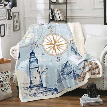 Imagem de Erosebridal Âncora náutica vintage vela barco farol cobertor para acampamento viagem, concha estrela do mar concha lã queen size oceano onda sherpa, estilo esboço, mapa-múndi decoração de quarto