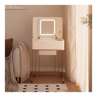 Imagem de Escrivaninha de penteadeira Mesa de penteadeira móvel com espelho, maquiagem, integridade armazenamento para quarto, sala estar(White+Gold)