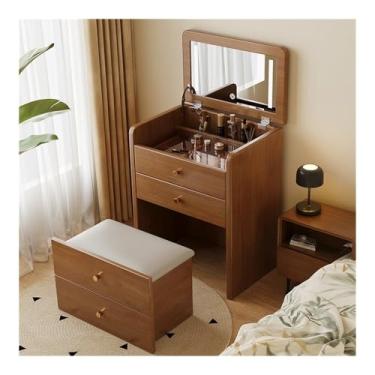 Imagem de Escrivaninha de penteadeira Mesa de penteadeira com espelho flip top, maquiagem banco almofadado, compacta, conjunto para quarto(Brown)