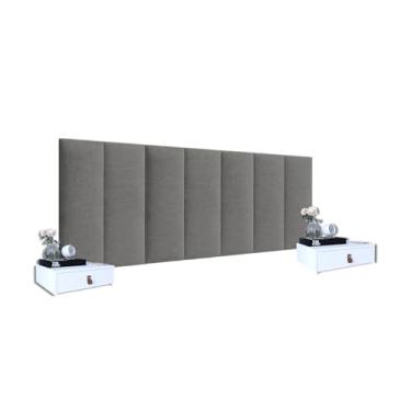 Imagem de Kit 2 Mesas De Cabeceira Suspensa MDF E Cabeceira 1,40 Cinza Suede Adesiva (Branco - Cinza)