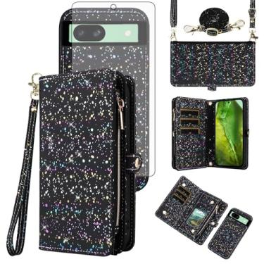 Imagem de Asuwish Capa de celular para Google Pixel 8A carteira com zíper magnética destacável com protetor de tela de vidro temperado e compartimento para cartão com glitter, suporte para celular, acessórios