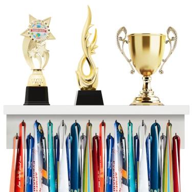 Imagem de Threehoney Suporte de Medalha de Madeira para Exibição de Troféu Prateleira com Ganchos 25/37/49/65 para Suporte de Fita de Montagem na Parede Presente para Prêmios de Ginástica Corrida Futebol (4 m