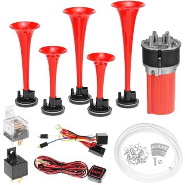 Imagem de QWORK Kit de buzina de ar musical, buzina de ar com som de 5 trompetes, buzina poli de frequência múltipla de 12 V com ativação de botão para carros, caminhões, barcos e mais - Inclui 5 trompetes