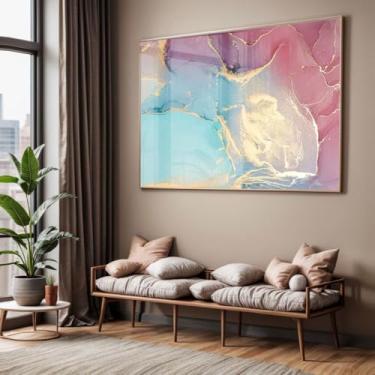 Imagem de Quadro com Moldura e Acrilico Cristal Vidro Sala Quarto Abstrato Azul e Rosa Mármore Decorativo Horizontal Grande Hall