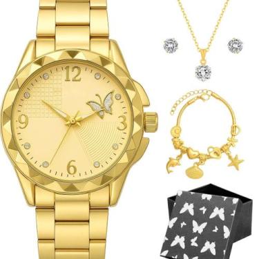 Imagem de Relogio Banhado Feminino Aco Inox + Pulseira Colar + Caixa ajustavel d