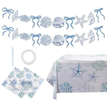 Imagem de NBEADS Decoração de festa de praia náutica costeira oceânica, faixa suspensa de arco de papel para festa na praia sob o mar com toalhas de mesa de plástico PE e guardanapos para decorações de