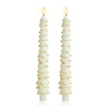 Imagem de Castiçais cônicos de 25 cm para árvore de Natal, conjunto feito à mão, com 2 velas afuniladas sem perfume para decoração de casamento e Natal (leite)
