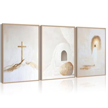 Imagem de Jesus Cristão Arte de Parede Ouro Bege Deus Tela Decoração de Parede He Is Risen Arte Religiosa Cristã Pôster Moderno Minimalista Cruz Arte Arte Jesus Imagens Impressões para Sala de Estar 30 x 40 cm