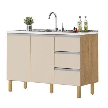 Imagem de Balcão Recife 1,20 Mt - 3 Gavetas 2 Portas Amêndoa Off - MILANI MOVELA