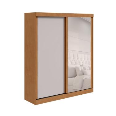 Imagem de Guarda-Roupa Solteiro com Espelho Zeine sem Pés 2 Portas 2 Gavetas Off White e Amêndoa