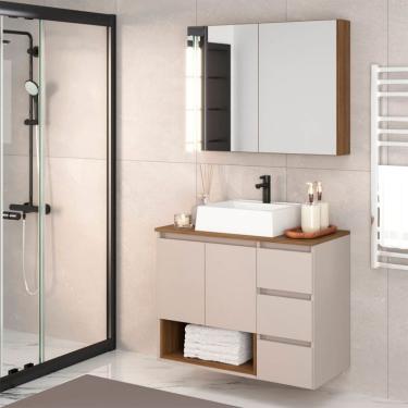 Imagem de Conjunto de Gabinete Suspenso com Cuba Vitória e Armário de Banheiro Aurora 4 Portas 3 Gavetas Mel e Arenas