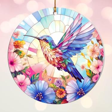 Imagem de Enfeite colorido de beija-flor – Decoração de Natal redonda estilo vitral para árvore ou janela – Presente floral vibrante para mulheres, amantes da natureza ou decoração de férias de 2025 (beija-flor