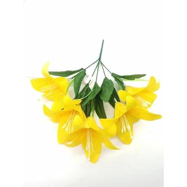 Imagem de Buquê de Lírio Artificial com 5 Flores – Galho Decorativo 33cm para Arranjos, Festas e Decoração de Casa (Cores Diversas)(amarelo)