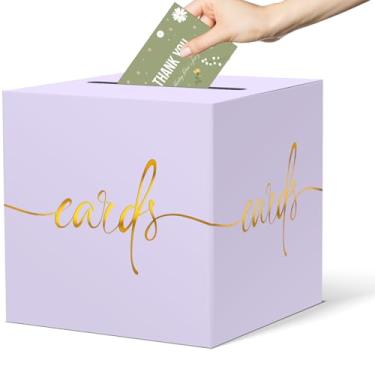 Imagem de CINSOEN Caixa de cartão roxa clara com design de folha dourada - aniversário, casamento, festa, formatura e chás de bebê, aposentadoria, aniversário, dia dos namorados, bilhete de sorteio e caixa de