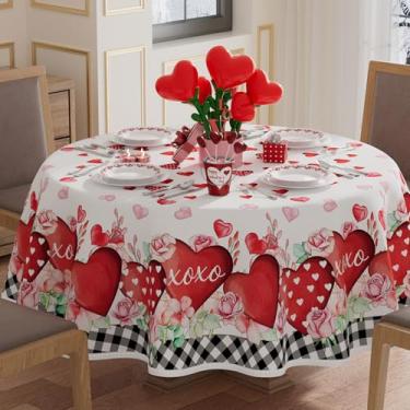 Imagem de XCHI Toalha de mesa redonda para o dia dos namorados xadrez preto com corações de amor, rosas e flores, toalhas de mesa laváveis para decoração de festa em casa 152 x 152 cm
