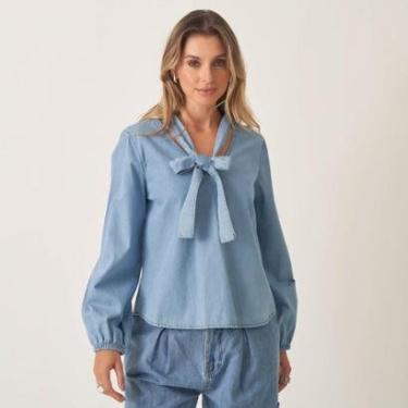 Imagem de Blusa Jeans Leve Gola Laço Decote V-Feminino