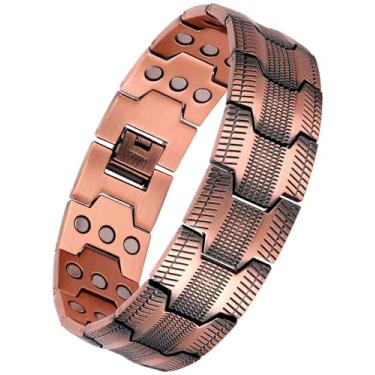 Imagem de Feraco Pulseira de cobre para homens, 3 x força magnética terapia Cooper pulseira com poderosos ímãs 3800 Gauss, joia de cobre com padrão esculpido em pneu