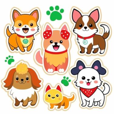 Imagem de Adesivo de Parede Infantil Kawaii com Cachorros e Pegadas Verdes para Quarto e Cadernos 40x40cm