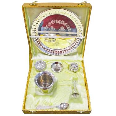 Imagem de Home Genie Conjunto Pooja Thali com polimento prateado | Kit completo de puja hindu com prato, Kalash, Diya, sino, colher e suporte de incenso | Caixa de presente para templo, festivais e rituais