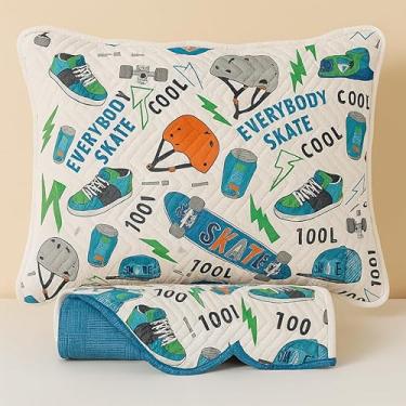 Imagem de Kit Colcha Cobre Leito Infantil Estamapado Cama Solteiro 2 Peças Menina Menino Rosa Azul Quarto (Skate Mix)