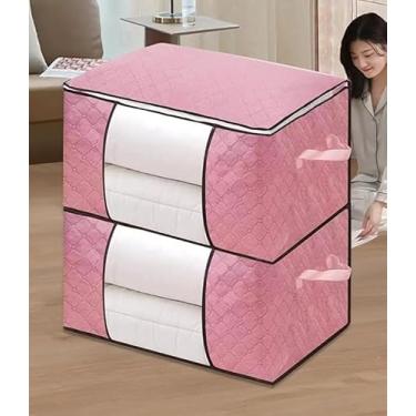 Imagem de Sacos de armazenamento grandes, caixas de armazenamento de roupas, organizadores de armário dobráveis recipientes com alças duráveis, tecido grosso para cobertor, edredom, roupas de cama 84L (rosa)