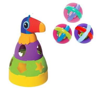Imagem de Kit Tucano Empilhar Didático Bebê Criança + Bola Maluquinha Chocalho -