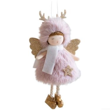 Imagem de Tiara natalina com asas de anjo com enfeite de grampo de cabelo de chifre de veado, decoração de pingente de pano macio para festas de fim de ano, branco e rosa 15 x 9 cm