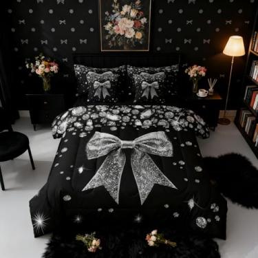 Imagem de Jogo de cama solteiro de 7 peças com laço e laço de fita brilhante, cinza e diamante preto, conjunto de lençol e lençol com gravata borboleta geométrica kawaii