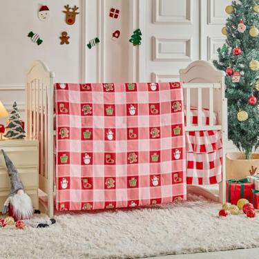 Imagem de Shxime Jogo de cama de berço de Natal, 3 peças, xadrez rosa e vermelho com homem de gengibre, lençol e saia acolchoados, lençol e saia para berço festivo