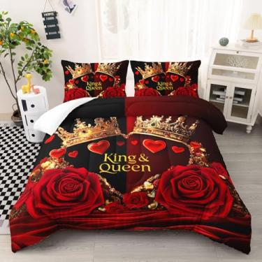 Imagem de AILONEN Conjunto de edredom casal rosa vermelha e preta, coroa global, tema de flores românticas com 2 fronhas, 3 peças