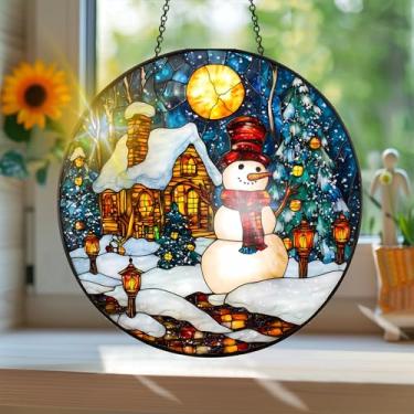 Imagem de Apanhador solar de acrílico colorido, apanhador de sol estilo vitral impresso de Natal com reflexos de arco-íris, arte de parede para decoração de janela suspensa, ornamentos de Natal para uso interno