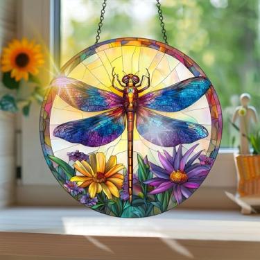 Imagem de Acrílico colorido Suncatcher, apanhador de sol estilo vitral impresso libélula com reflexos de arco-íris, decoração de janela suspensa, decoração de parede, ornamentos de Natal uso interno e externo
