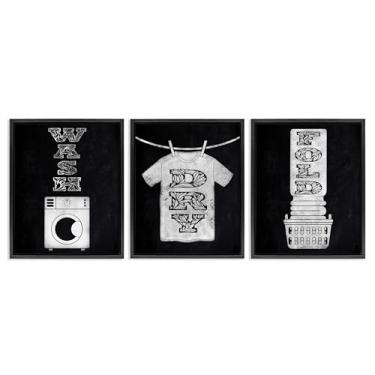 Imagem de Stupell Industries Conjunto de tela flutuante com moldura preta de 3 peças com letras ornamentadas Wash & Dry, design de Marcus Prime, 78 x 63 cm