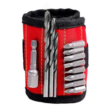 Imagem de Pulseira Magnética Profissional, Vermelha e Preta, Algodão, Suporte para Pregos e Parafusos, Ajustável com Velcro, para Ferramentas Metálicas