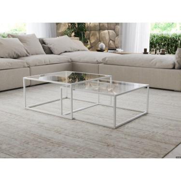 Imagem de Mesa De Centro Industrial Moderna Atemporal Duo Catarina Branco E Tampo De Vidro