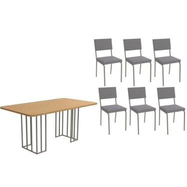 Imagem de Sala De Jantar Duina Com Tampo De Madeira 160cm E 6 Cadeiras Zaria Niquel Freijó Suede Cinza