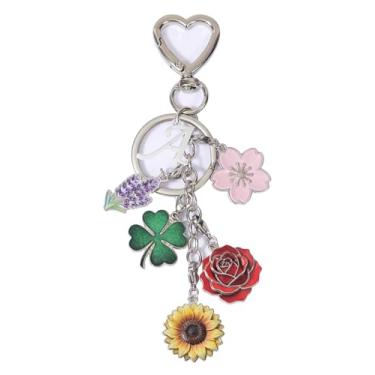 Imagem de SENFAI Chaveiro de flor com anel de coração, chaveiro com pingente de flor, porta-chaves fofos, chaveiro com letra inicial para bolsa de mão, mochila (A)