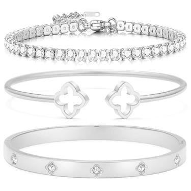 Imagem de Arthur Liu Conjunto de 3 peças de pulseiras delicadas banhadas a ouro 14K – Joias de aço inoxidável não manchadas com zircônia cúbica para mulheres, caixa de presente incluída, One Size, Aço