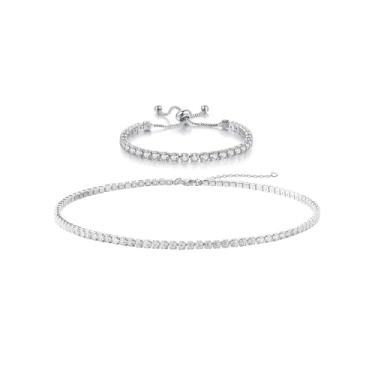 Imagem de ZHDHDQ Colar de tênis para mulheres, 3,5 mm de zircônia cúbica delicada CZ corrente gargantilha de formatura e pulseira de elos de cristal conjuntos de joias acessórios para noivas mulheres, Aço