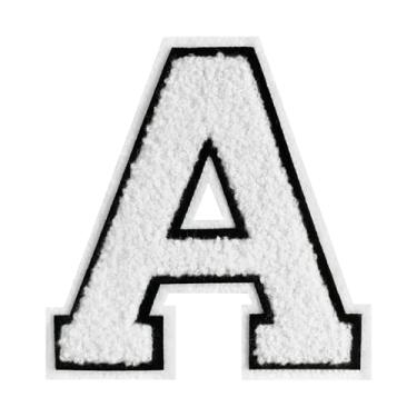 Imagem de 1 peça de patch de letra de chenille branco de 11,4 cm com borda preta – adesivos do alfabeto para roupas, jaquetas, mochilas, chapéus para decoração personalizada, nome personalizado e artesanato. (A