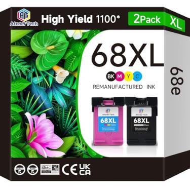 Imagem de AtonerTech Cartucho de tinta 68e 68XL 68 alto yied (pacote combo de cor preta) Substituição compatível com HP 68 XL 68e Envy 6152e 6552e 6555e 6558e 6100e 6500e 6520e