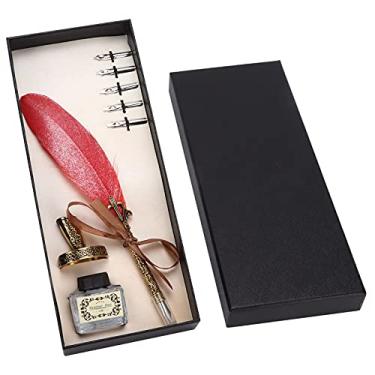 Imagem de Conjunto de canetas de penas artesanais retrô esculpidas em aço inoxidável para escrita para decoração de mesa de presente exclusiva Embalagem de caixa de presente de caneta de (Vermelha)