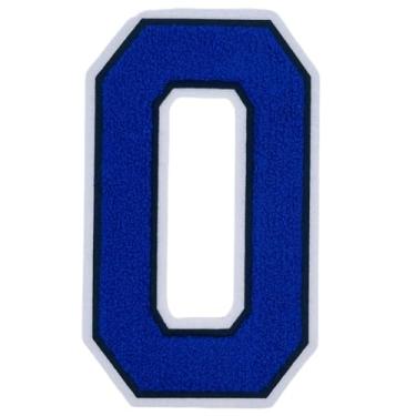 Imagem de 2 peças de adesivos de números de chenille azul real de 20 cm, apliques de ferro para roupas, jaquetas, mochilas, estilo universitário, patch de número grande com borda branca (azul real 0)