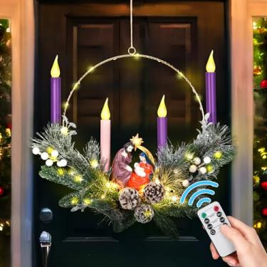 Imagem de Chunful 1 conjunto de guirlanda de Natal do advento de 50 cm com velas sem chama, 1 guirlanda do advento com estatueta de presépio para porta da frente, 4 velas de LED sem chama, controle remoto para