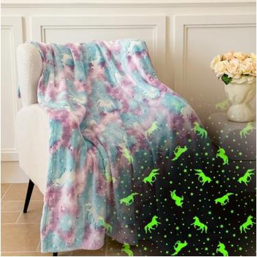 Imagem de Cobertor de unicórnio que brilha no escuro para crianças – flanela grossa de 280 g/m2, manta de lã super macia e aconchegante, presente de aniversário fofo para meninas e meninos, cobertor mágico