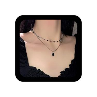 Imagem de Ximdble Colar gargantilha de ônix preto vintage com pingente quadrado, corrente de contas de estação preta, colar de pedras preciosas quadradas, joias femininas